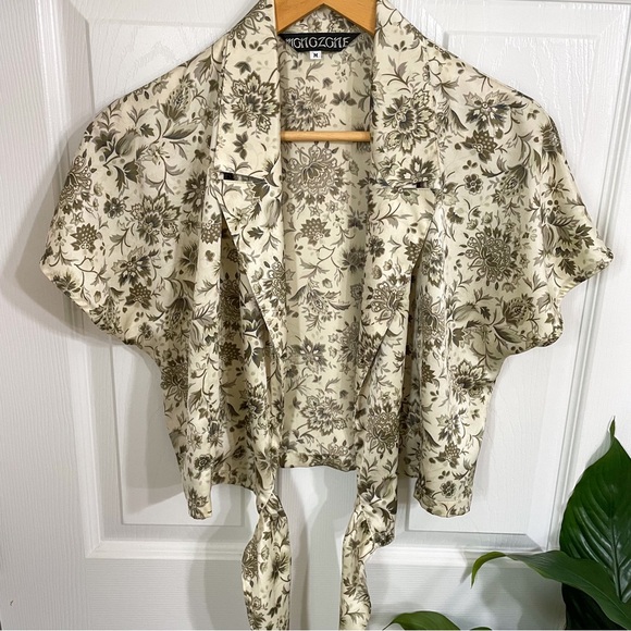 Vintage Silk Satin Tie Front Crop Top Green Floral - Picture 2 of 16